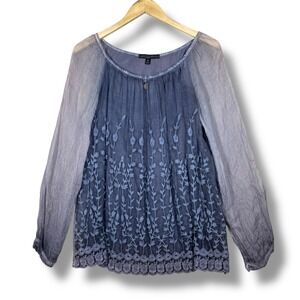 Saks Fifth Avenue Embroidered Blouse Womens S Silk Lightweight Blue Floral Boho